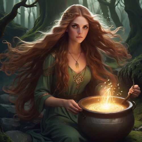 Ceridwen depicted in mythic art as a powerful sorceress symbolizing wisdom, transformation, and poetic inspiration.
