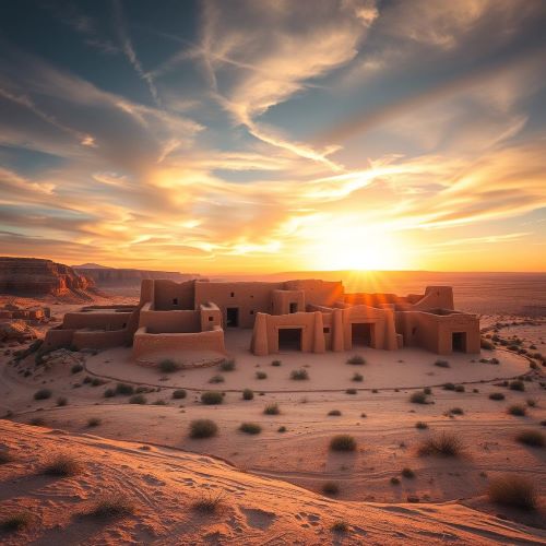 Chaco Canyon depicted in mythic art as an ancient cultural site symbolizing astronomy, architecture, and ancestral heritage.