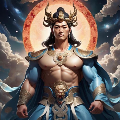 Cheonjiwang depicted in mythic art as a celestial king symbolizing cosmic order and divine authority.