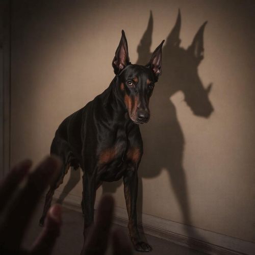 Choking Doberman depicted in mythic art as a chilling modern legend symbolizing hidden danger and shock.