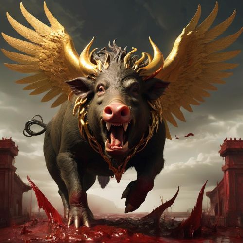 Chrysaor, A winged boar with golden tusks and radiant wings, emerging from Medusa’s blood.