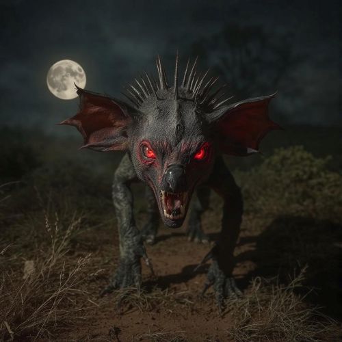 Artistic depiction of the Chupacabra, a legendary creature, attacking livestock under a moonlit sky.