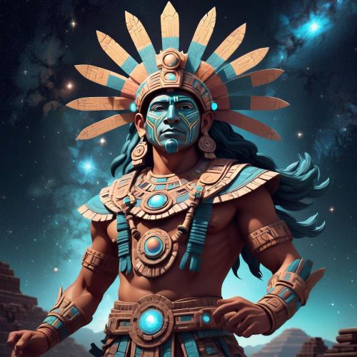 Citlalatonac depicted in mythic art as a celestial deity symbolizing stars, creation, and cosmic order.