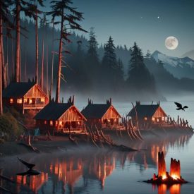 Mythlok - Coast Salish_ A cultural scene inspired by Coast Salish mythology: a misty Pacific Northwest shoreline with cedar longhouses near the water