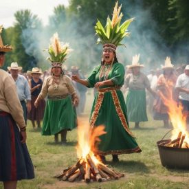 Mythlok - Creek_ A cultural scene inspired by Creek mythology: community members gathered for the Green Corn Festival