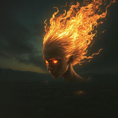 Cumacanga, a floating flaming head with glowing eyes.