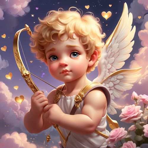Cupid depicted in romantic art as a playful winged god symbolizing love, desire, and affection.