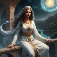 Daena depicted in mythic art as a radiant feminine figure symbolizing conscience, revelation, and spiritual insight.