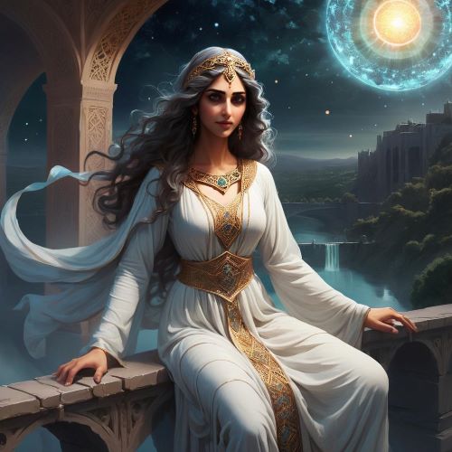 Daena depicted in mythic art as a radiant feminine figure symbolizing conscience, revelation, and spiritual insight.