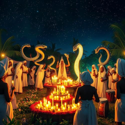 Damballa depicted during a voodoo festival as a sacred serpent presence symbolizing creation, purity, and ancestral spirit energy