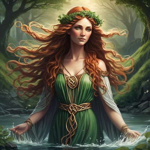 Danu depicted in mythic art as a primordial mother goddess symbolizing fertility, wisdom, and creation.