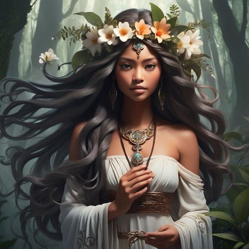 Dayea depicted in ethereal art as a serene forest spirit embodying harmony, growth, and nature’s magic.