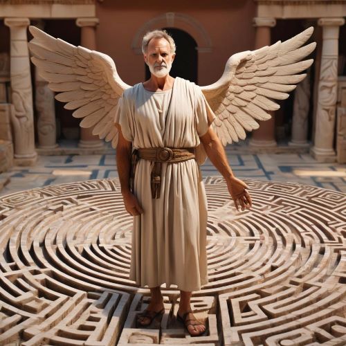 Daedalus depicted in mythic art as a brilliant inventor symbolizing skill, ingenuity, and tragic genius.