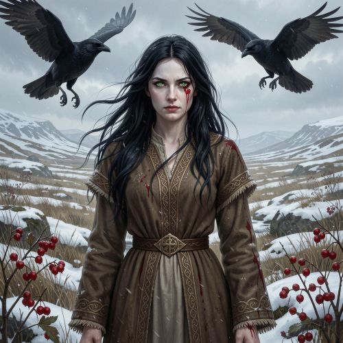 Deirdre of the Sorrows from Irish legend, standing in a windswept Celtic landscape
