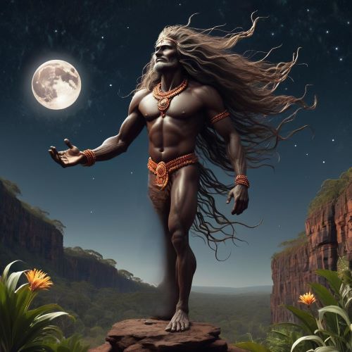 Dharramulan depicted in mythic art as a powerful ancestral being symbolizing creation, guidance, and spiritual protection.