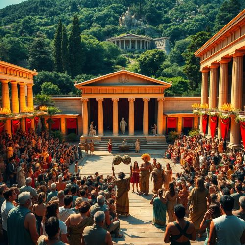 Dionysia depicted in mythic art as a vibrant celebration honoring Dionysus, symbolizing theater, wine, and revelry.