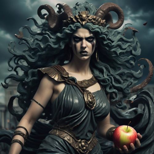 Discordia depicted in dynamic art as the goddess of chaos and strife, embodying conflict and unpredictability.
