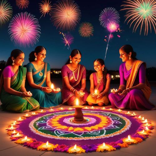 Diwali depicted in mythic art as a vibrant celebration of light, prosperity, and the victory of good over darkness.