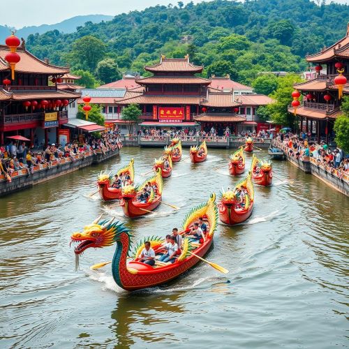 Dragon Boat Festival depicted in mythic art as a vibrant celebration of ritual racing, protection, and ancient tradition.