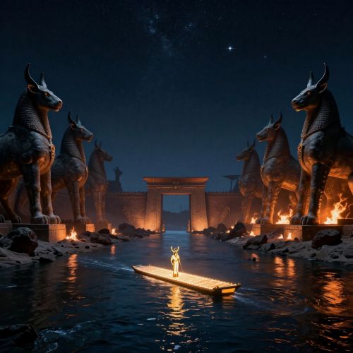 Duat : Egypt’s Realm of Judgment, Transformation, and Eternal Renewal Duat, showing a vast otherworldly landscape beneath a starless sky