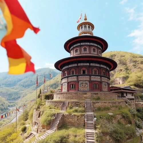 Dumtseg Lhakhang depicted in serene art as a sacred Himalayan temple symbolizing spirituality, protection, and cultural heritage.