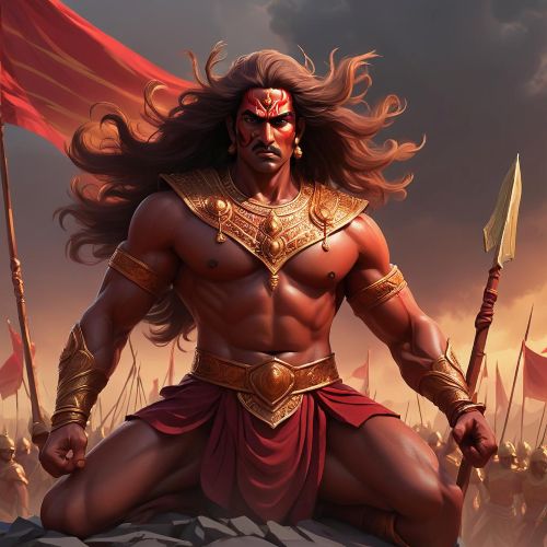 Dushasana from the Mahabharata standing in a battlefield at dusk