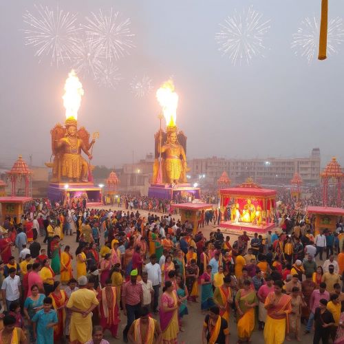 Dussehra depicted in mythic art as a vibrant celebration symbolizing the triumph of good over evil and the victory of righteousness.