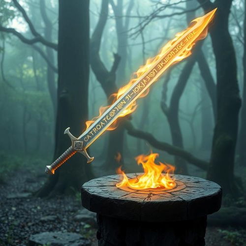 "Illustration of Dyrnwyn, the legendary flaming sword, glowing with magical fire and surrounded by mystical energy."