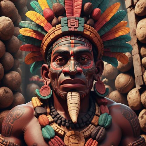 Ek Chuah depicted in vibrant art as the Mayan god of cacao and trade, symbolizing prosperity and rituals.