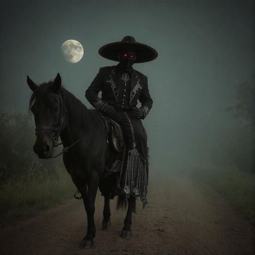 Dark figure of El Charro Negro on horseback, wearing a wide-brimmed hat and traditional charro suit.