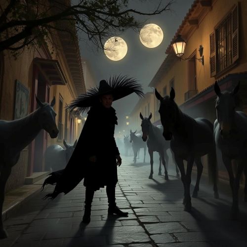 El Sombrerón from Guatemalan folklore — a short, shadowy man with a massive black sombrero