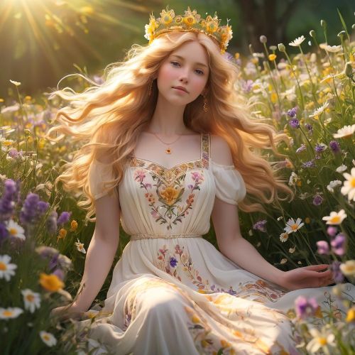 "Eostre, the Goddess of Spring, surrounded by blooming flowers and vibrant greenery."
