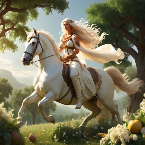 "Epona, the Goddess of Horses, riding a majestic steed through a sunlit forest."
