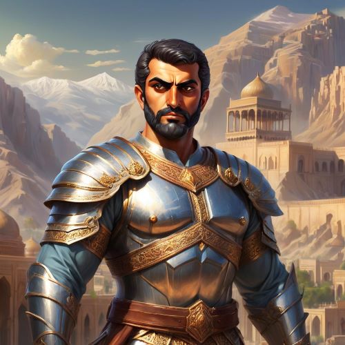 Esfandiyar depicted in mythic art as an invincible warrior prince symbolizing duty, strength, and heroic sacrifice.