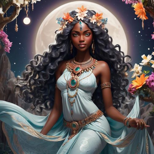 Ewa depicted in ethereal art as a serene nature spirit embodying harmony, growth, and gentle wisdom.