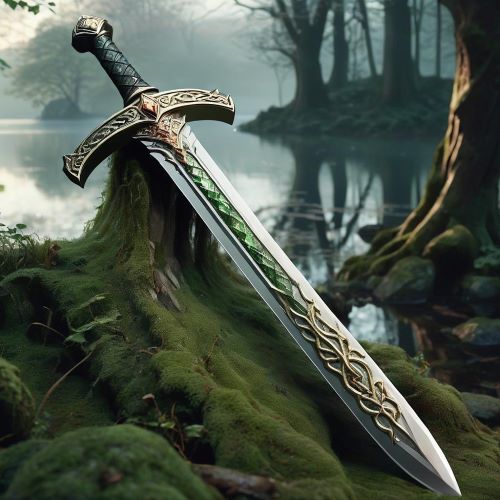 Excalibur depicted in legendary art as a gleaming sword of kingship and destiny, radiating power and honor.