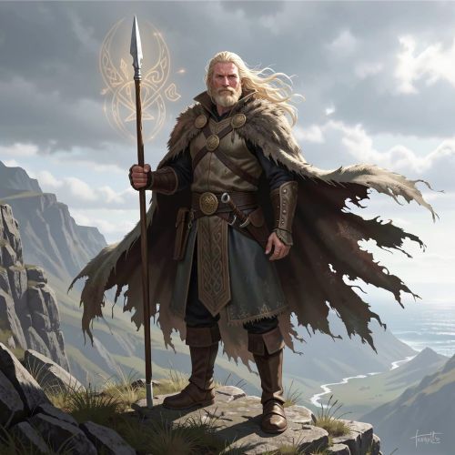Fionn Mac Cumhaill standing on a rugged Irish coastline, tall fair-haired warrior with weathered cloak