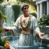 Fontus depicted in flowing art as the Roman god of springs and fresh water, symbolizing purity and life-giving waters.