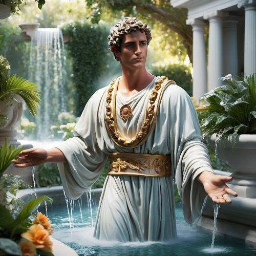 Fontus depicted in flowing art as the Roman god of springs and fresh water, symbolizing purity and life-giving waters.