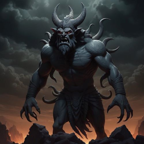 Gallu_ depicted in dark mythic art as a shadowy demon embodying chaos, fear, and underworld power.