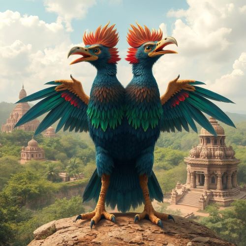 Gandaberunda depicted in mythic art as a two-headed bird symbolizing strength, protection, and divine power.
