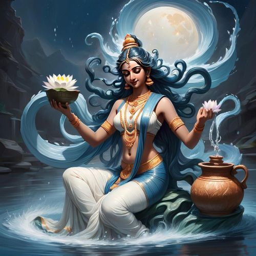 Ganga depicted as a serene divine figure symbolizing purity, life, and sacred flow
