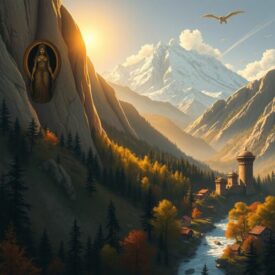 Mythlok - Georgian_ An epic cultural illustration inspired by Georgian mythology, set in the dramatic Caucasus Mountains with Mount Kazbek in the background.