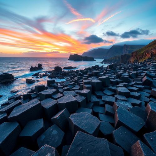 Giant's Causeway depicted in artistic style as a dramatic basalt column landscape symbolizing natural wonder and mythic legends.