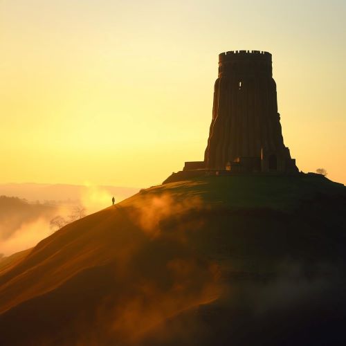 Glastonbury Tor depicted in mythic art as a mystical hill symbolizing legend, spirituality, and ancient Celtic heritage.
