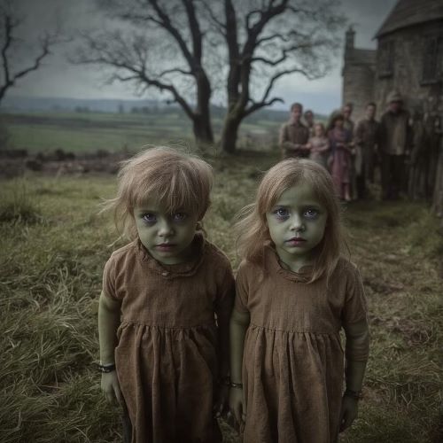 Green Children of Woolpit depicted in mythic art as mysterious children with green skin symbolizing wonder, otherworldliness, and folklore mystery.