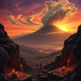 Mythlok - Guanche_ A majestic volcanic landscape inspired by Tenerife and Mount Teide at sunset, representing Guanche mythology.