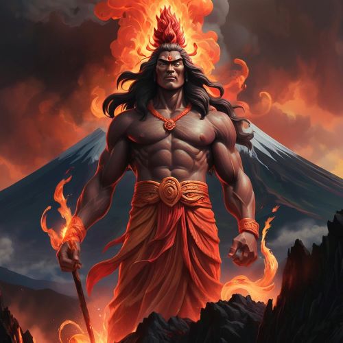 Gugurang depicted in dynamic art as a fierce volcano god symbolizing fire, protection, and wrath.
