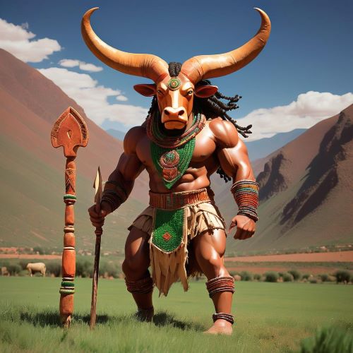Gurzil depicted in dynamic art as a fierce war deity symbolizing strength, protection, and warrior spirit.