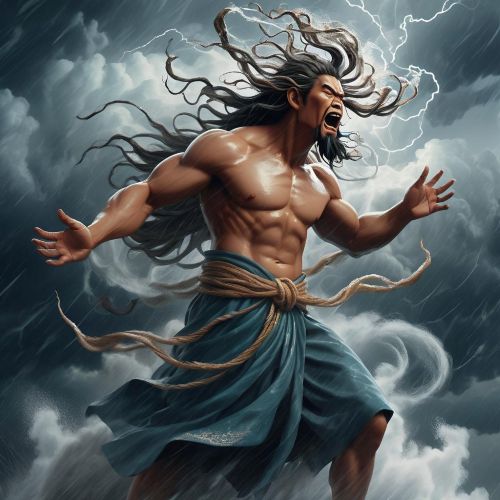 Illustration of Habagat, the Filipino god of winds, surrounded by swirling storm clouds.